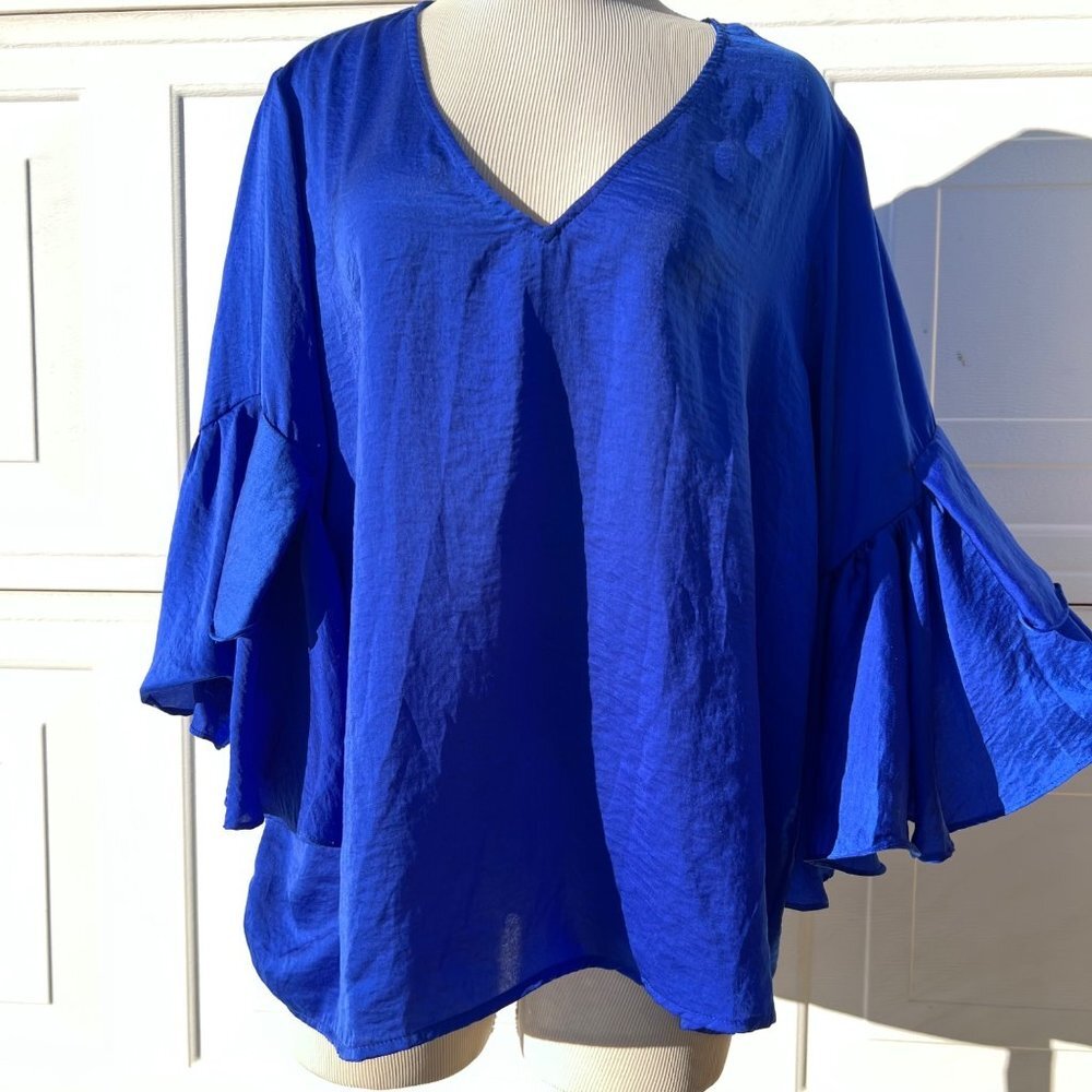 Royal Blue Blouse Bell Sleeves Blue Top Size XL